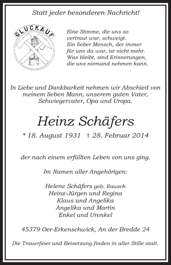 Traueranzeige von Heinz Schäfers von Medienhaus Bauer